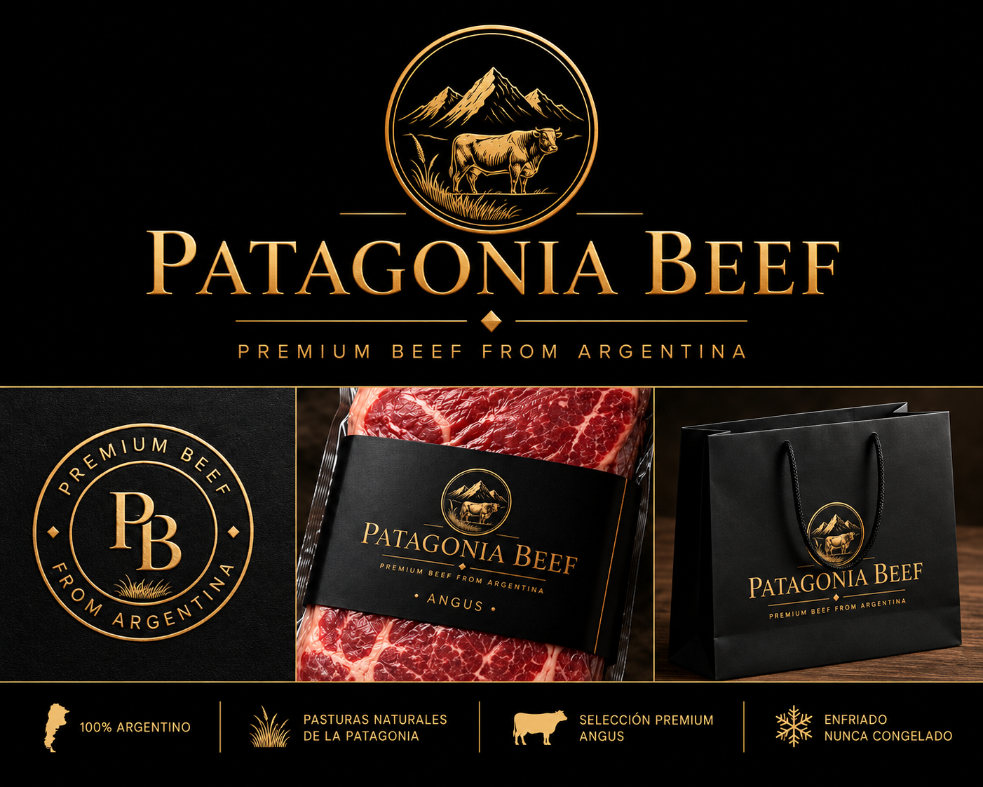 Patagonia Beef brand presentation in black and gold with its mountain and cattle emblem